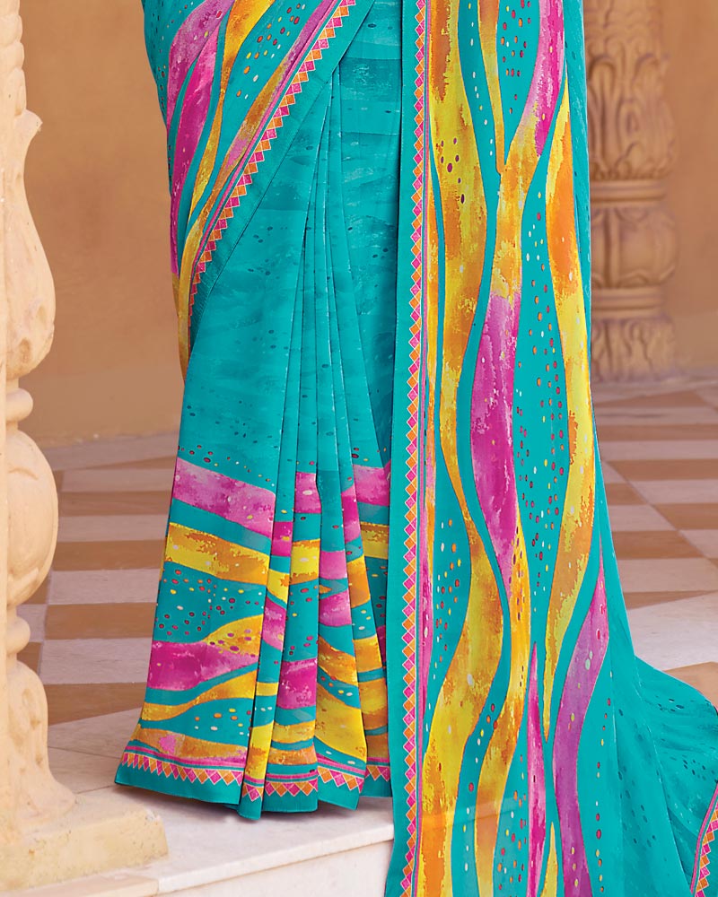Vishal Prints Bright Blue Printed Georgette Saree With Fancy Border