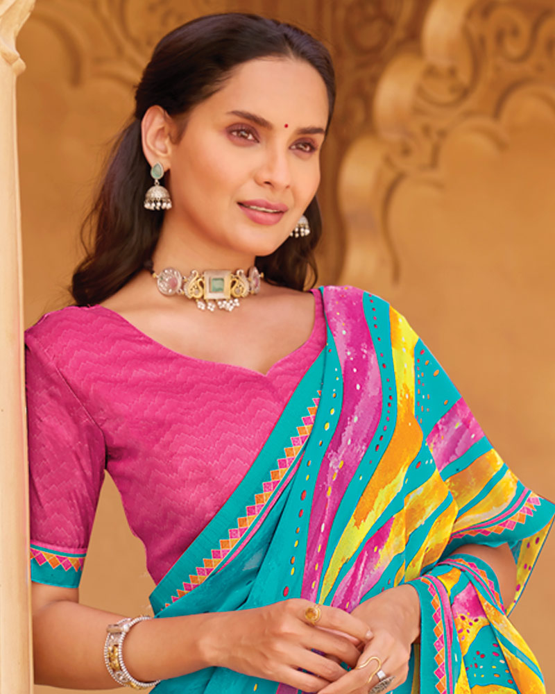 Vishal Prints Bright Blue Printed Georgette Saree With Fancy Border