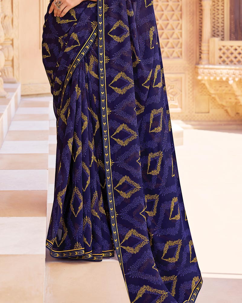 Vishal Prints Deep Purple Printed Georgette Saree With Fancy Border