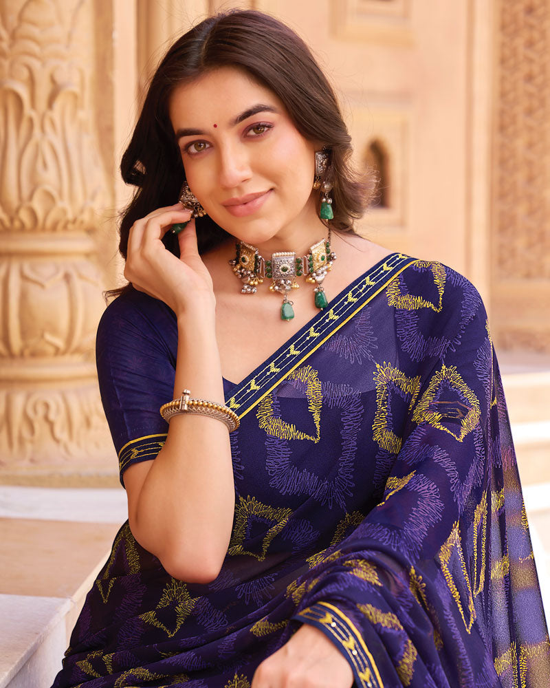 Vishal Prints Deep Purple Printed Georgette Saree With Fancy Border