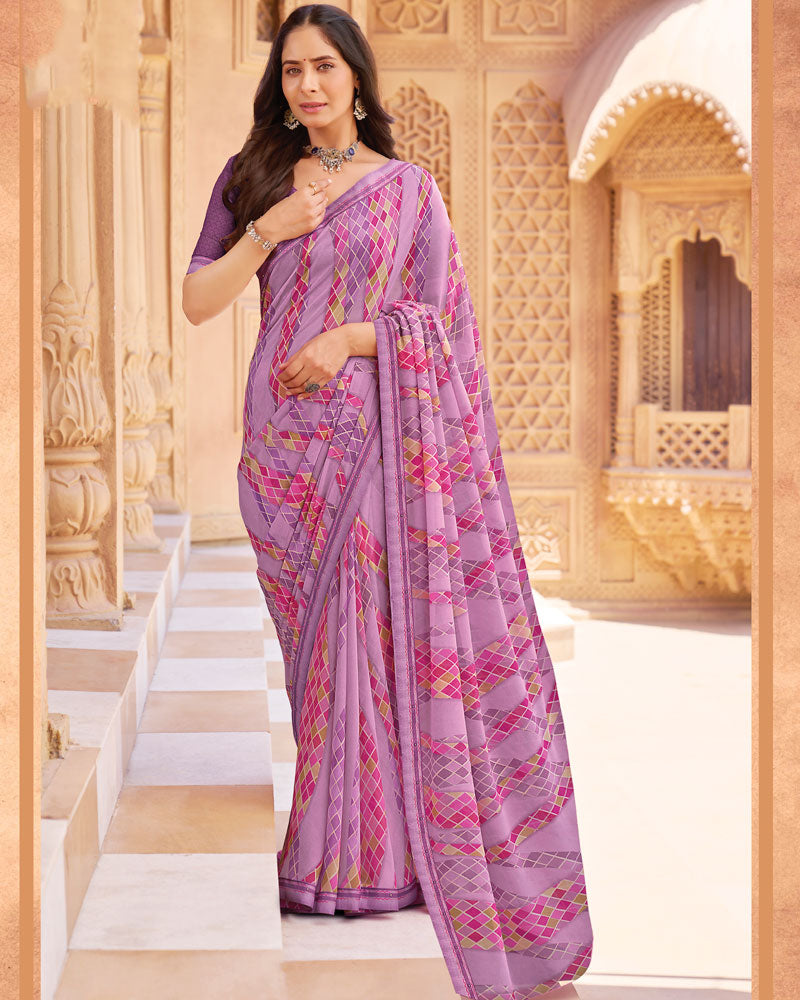 Vishal Prints Pale Mauve Printed Georgette Saree With Fancy Border