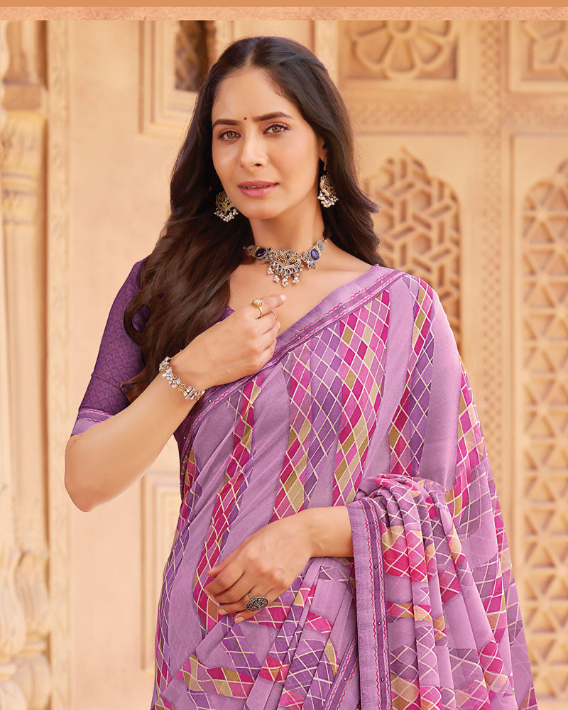 Vishal Prints Pale Mauve Printed Georgette Saree With Fancy Border