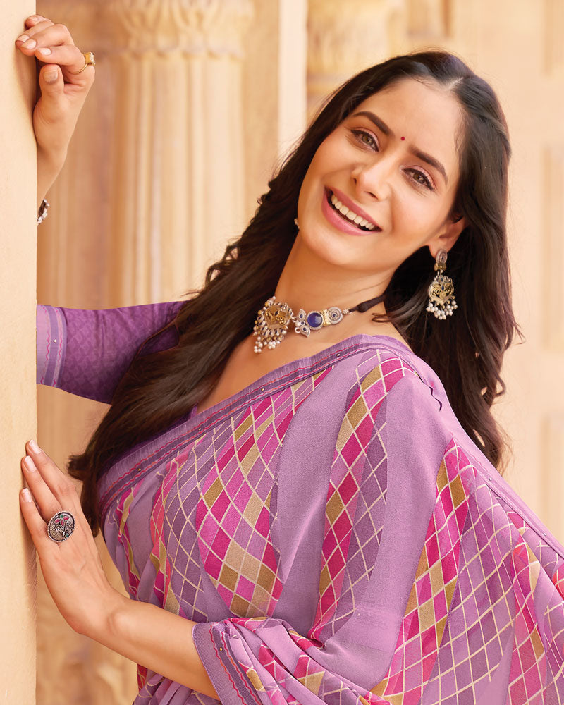 Vishal Prints Pale Mauve Printed Georgette Saree With Fancy Border