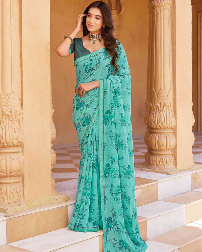 Vishal Prints Sea Green Printed Georgette Saree With Fancy Border