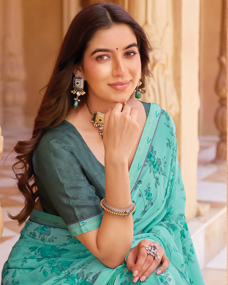 Vishal Prints Sea Green Printed Georgette Saree With Fancy Border