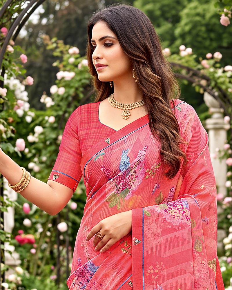Vishal Prints Light Carmine Pink Printed Georgette Saree With Fancy Border