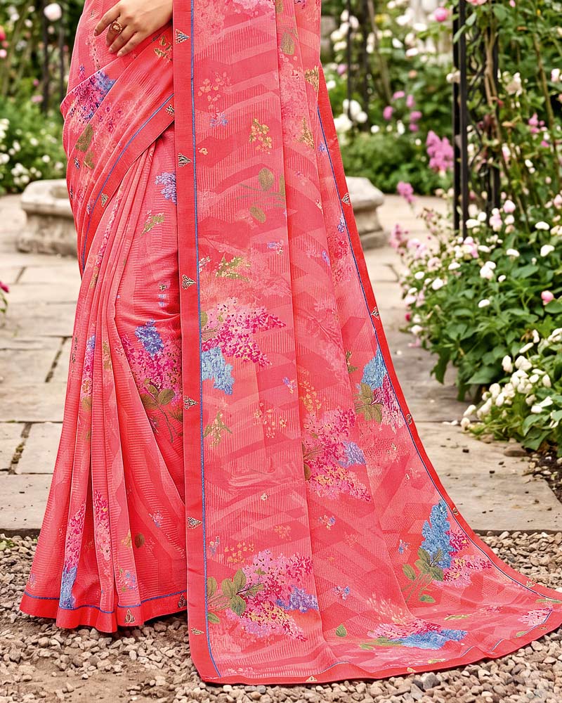 Vishal Prints Light Carmine Pink Printed Georgette Saree With Fancy Border