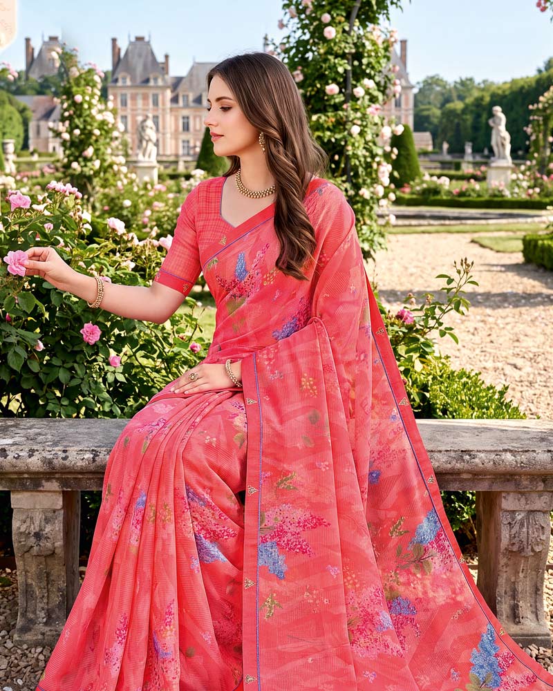 Vishal Prints Light Carmine Pink Printed Georgette Saree With Fancy Border