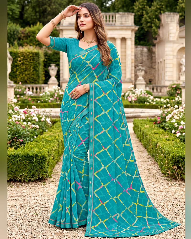 Vishal Prints Pacific Blue Printed Georgette Saree With Fancy Border