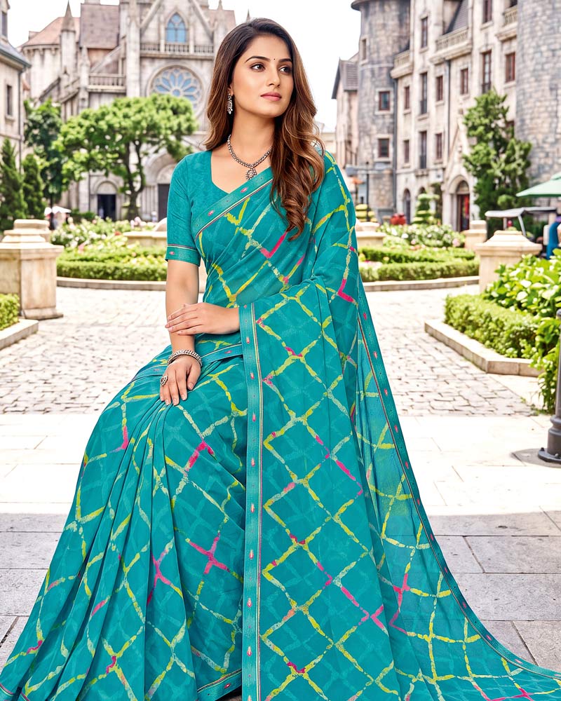 Vishal Prints Pacific Blue Printed Georgette Saree With Fancy Border