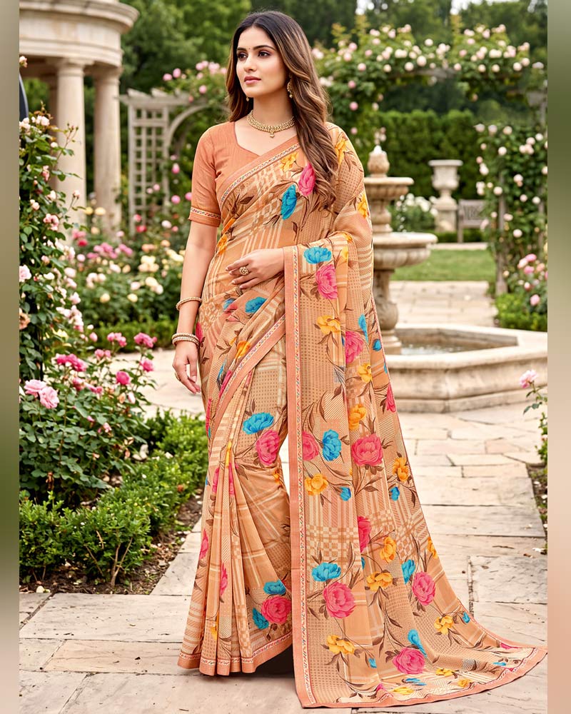 Vishal Prints Light Salmon Orange Printed Georgette Saree With Fancy Border