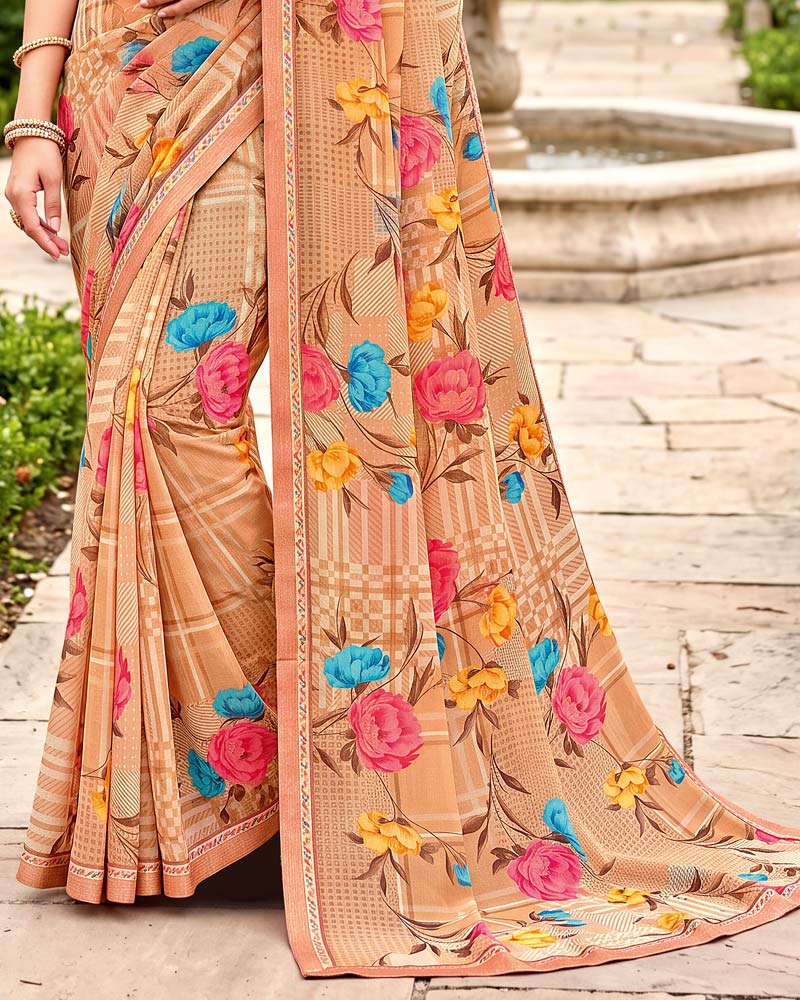 Vishal Prints Light Salmon Orange Printed Georgette Saree With Fancy Border