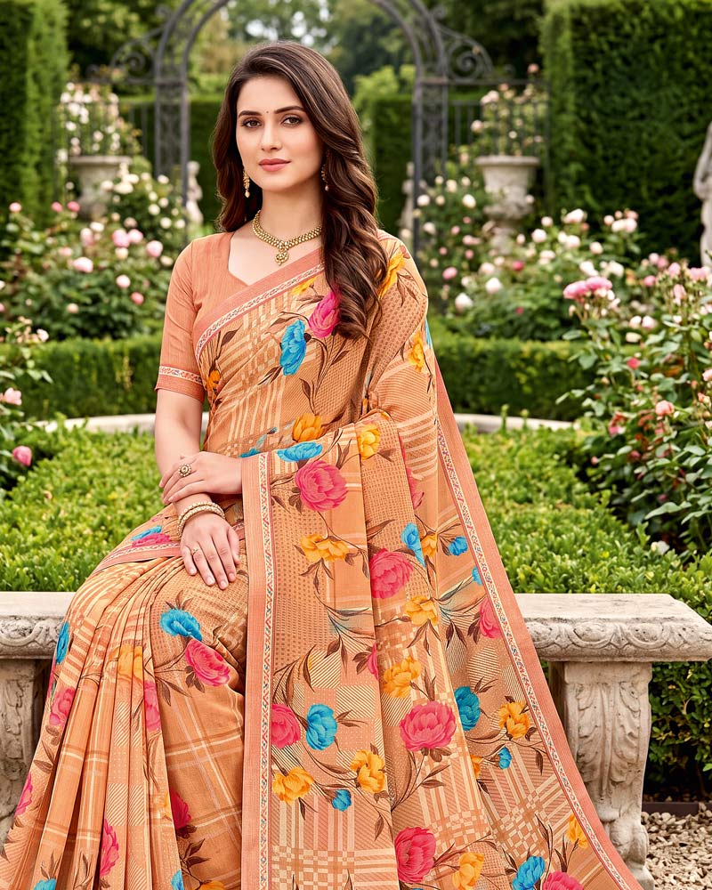 Vishal Prints Light Salmon Orange Printed Georgette Saree With Fancy Border