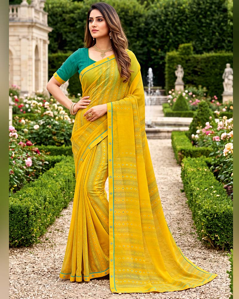 Vishal Prints Lightning Yellow Printed Georgette Saree With Fancy Border