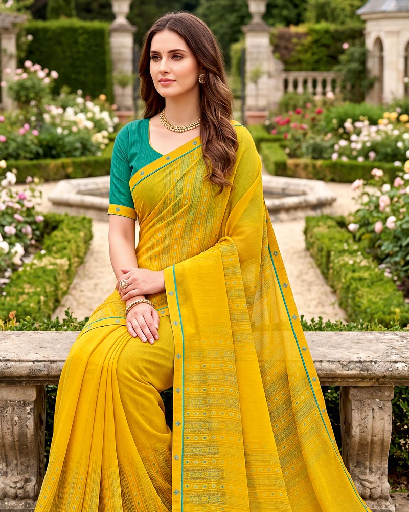 Vishal Prints Lightning Yellow Printed Georgette Saree With Fancy Border