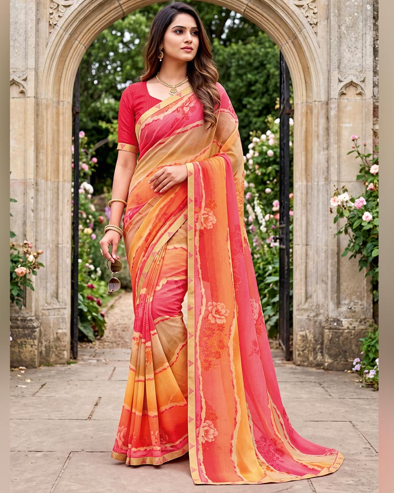 Vishal Prints Peachy Orange And Rosy Pink Printed Georgette Saree With Fancy Border