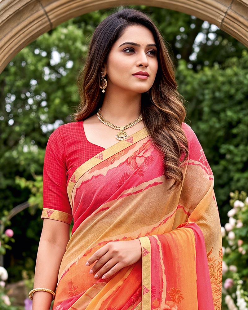 Vishal Prints Peachy Orange And Rosy Pink Printed Georgette Saree With Fancy Border