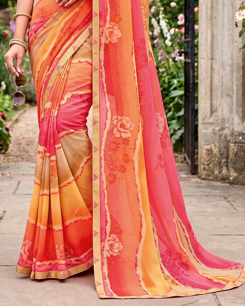 Vishal Prints Peachy Orange And Rosy Pink Printed Georgette Saree With Fancy Border