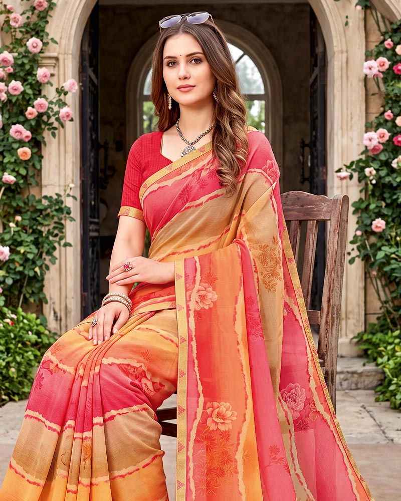 Vishal Prints Peachy Orange And Rosy Pink Printed Georgette Saree With Fancy Border