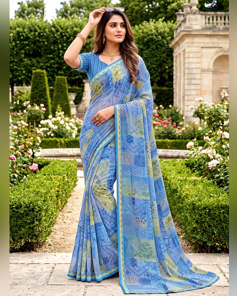 Vishal Prints Glacial Ice Blue Printed Georgette Saree With Fancy Border