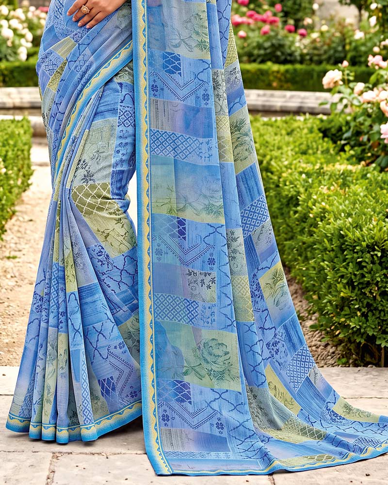 Vishal Prints Glacial Ice Blue Printed Georgette Saree With Fancy Border