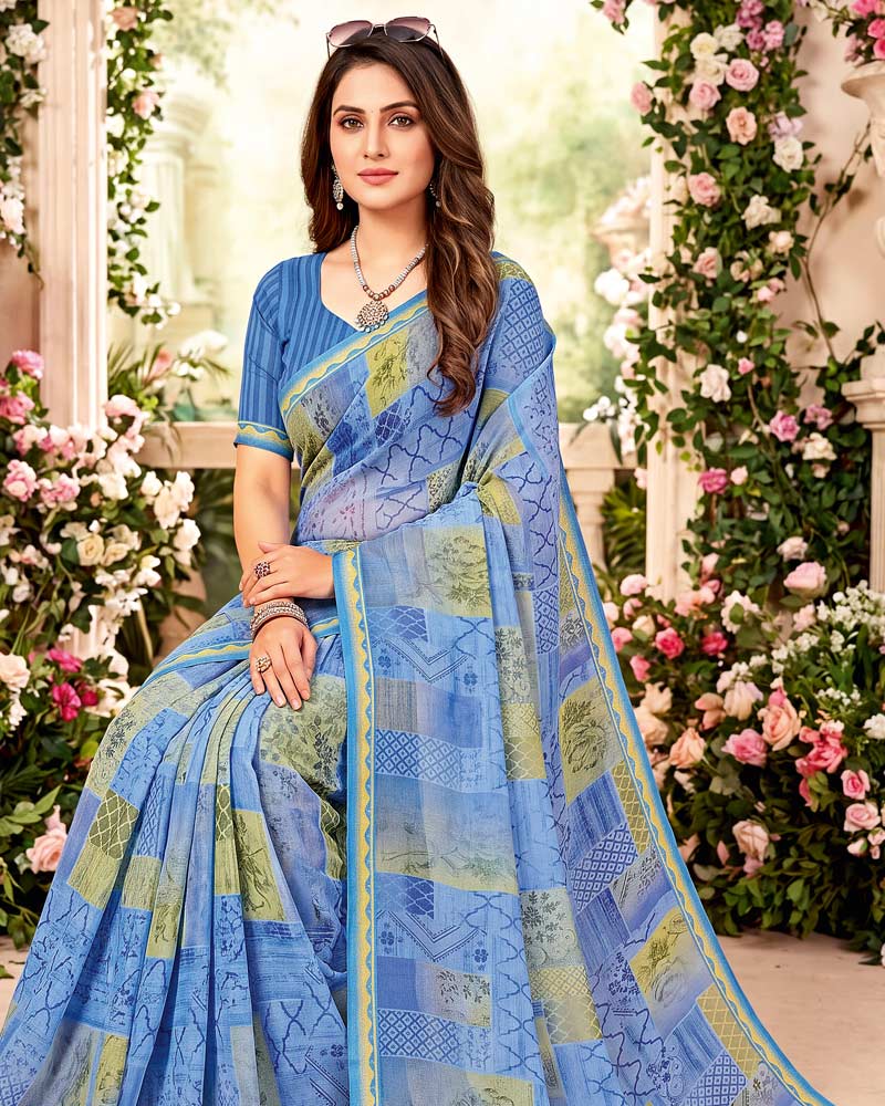 Vishal Prints Glacial Ice Blue Printed Georgette Saree With Fancy Border