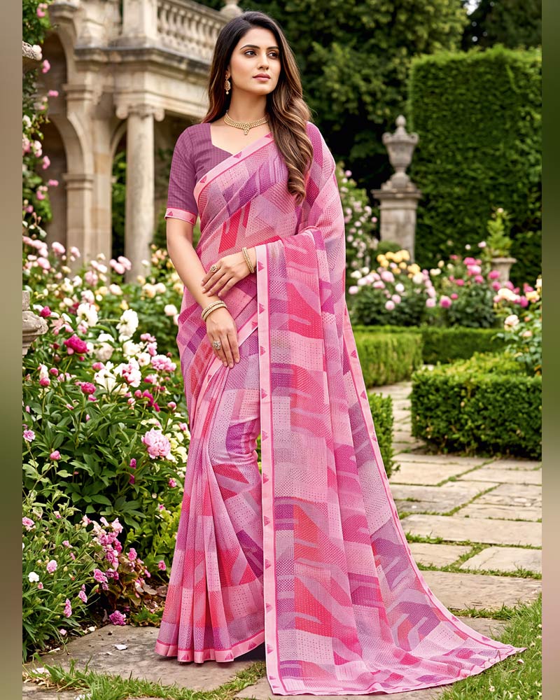 Vishal Prints Pastel Magenta Printed Georgette Saree With Fancy Border