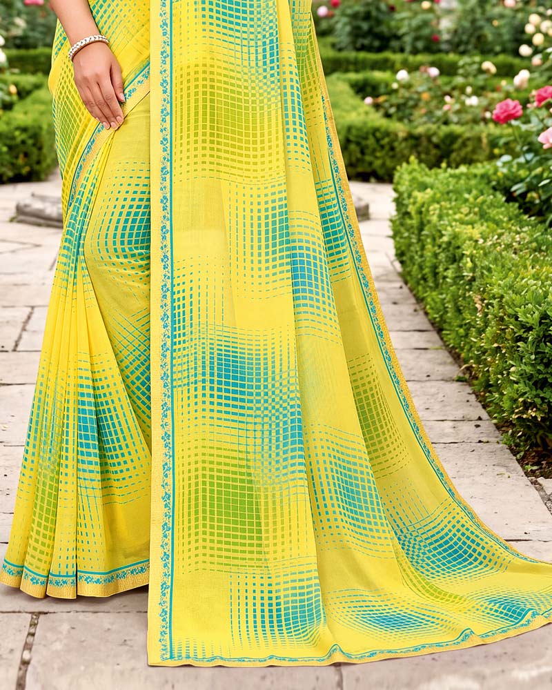 Vishal Prints Straw Yellow Printed Georgette Saree With Fancy Border