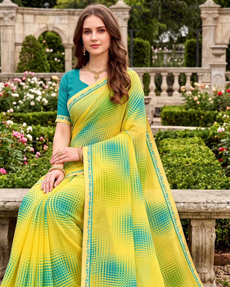 Vishal Prints Straw Yellow Printed Georgette Saree With Fancy Border