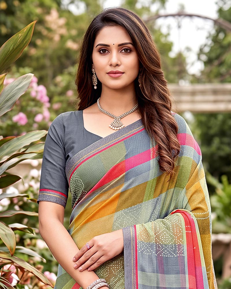 Vishal Prints Cool Grey Printed Georgette Saree With Fancy Border