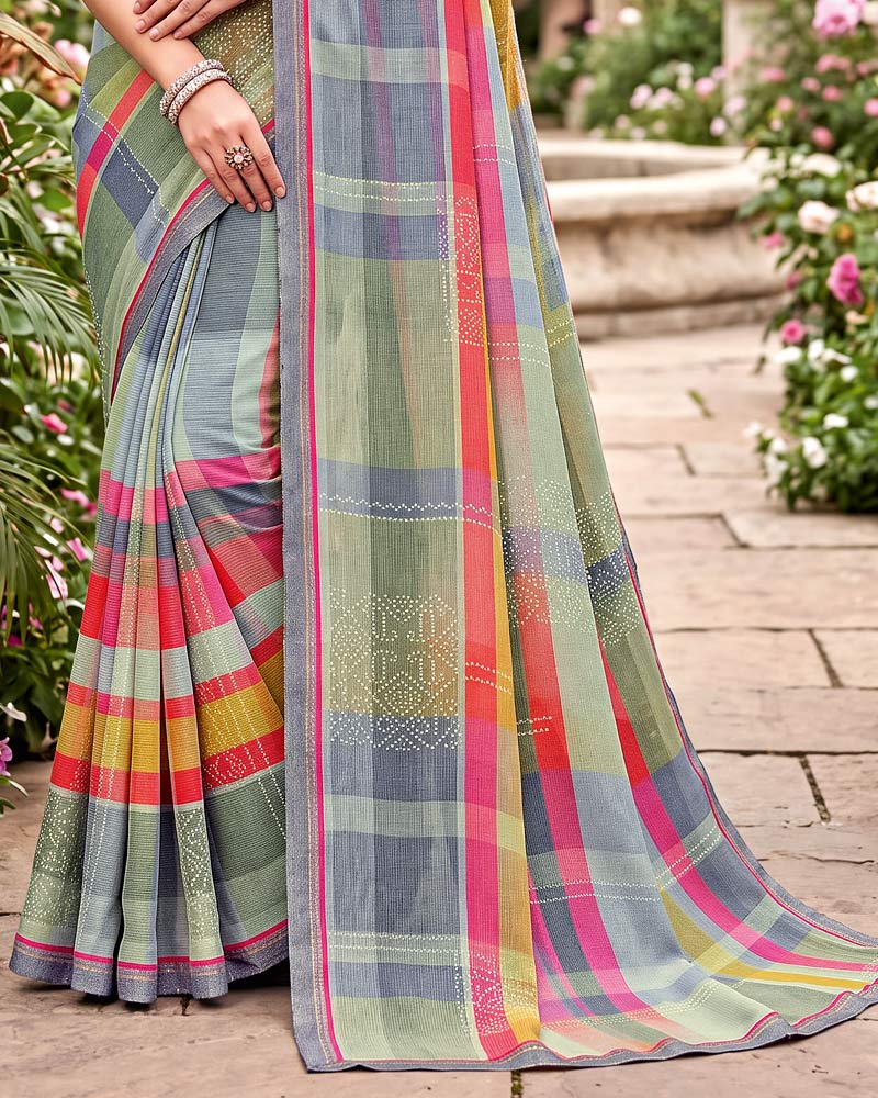 Vishal Prints Cool Grey Printed Georgette Saree With Fancy Border