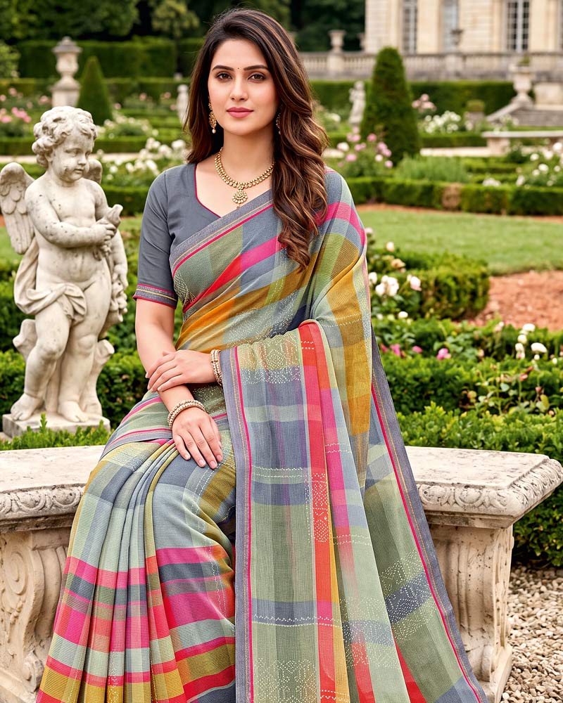 Vishal Prints Cool Grey Printed Georgette Saree With Fancy Border