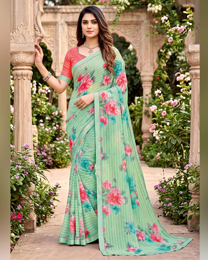 Vishal Prints Light Mist Green Printed Georgette Saree With Fancy Border
