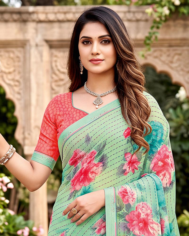 Vishal Prints Light Mist Green Printed Georgette Saree With Fancy Border