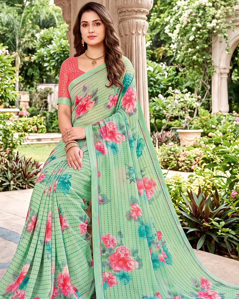Vishal Prints Light Mist Green Printed Georgette Saree With Fancy Border