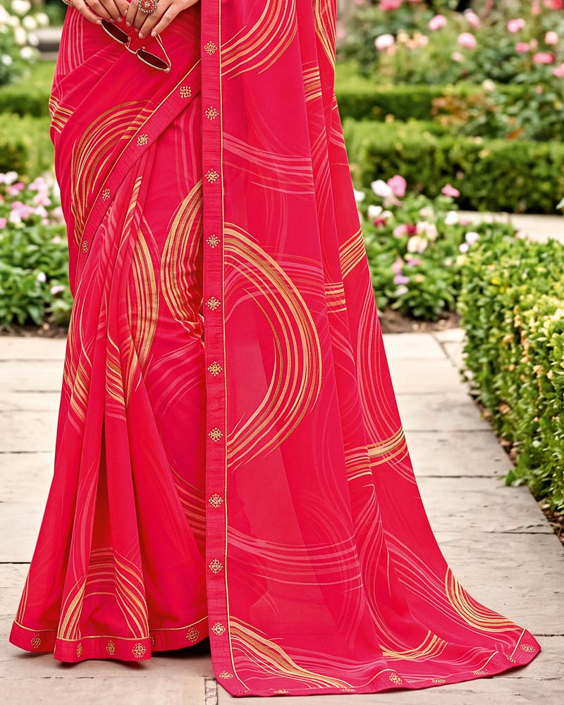 Vishal Prints Red Pink Printed Georgette Saree With Fancy Border