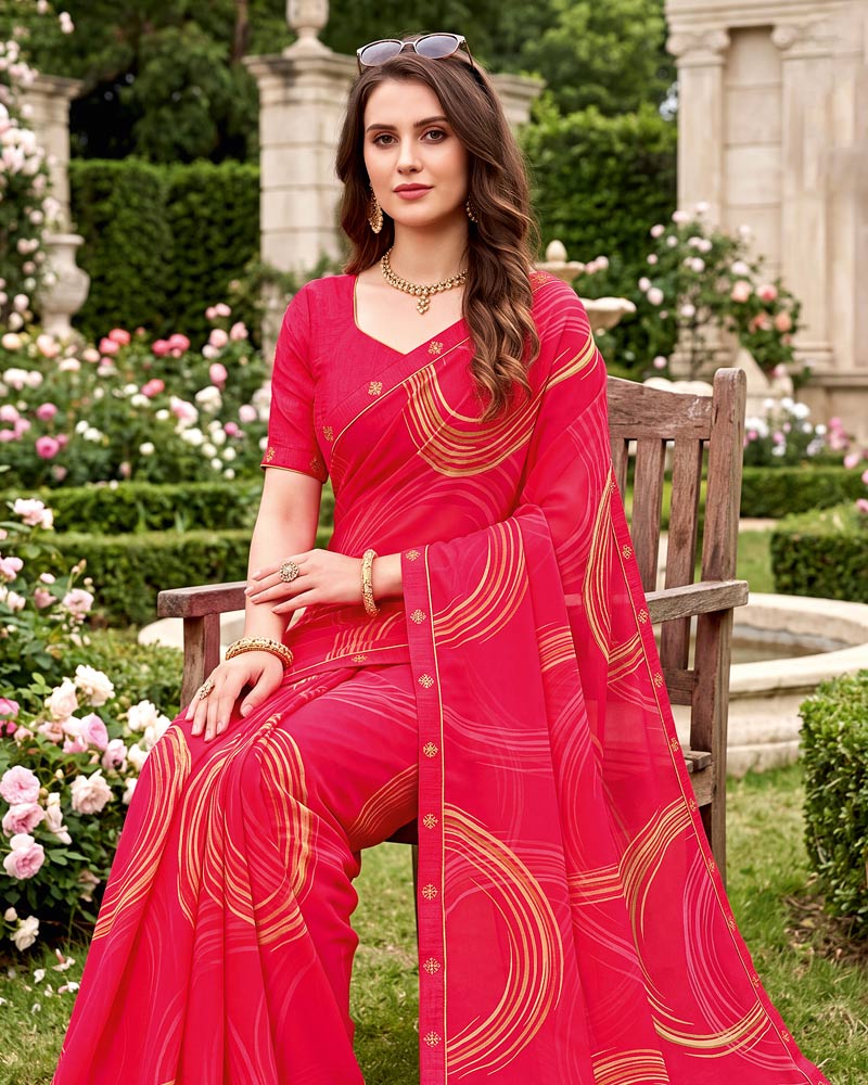 Vishal Prints Red Pink Printed Georgette Saree With Fancy Border