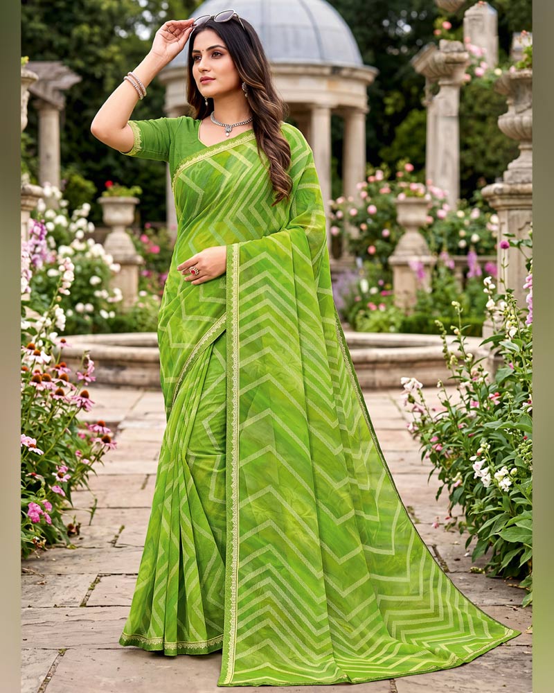 Vishal Prints Avocado Green Printed Georgette Saree With Fancy Border