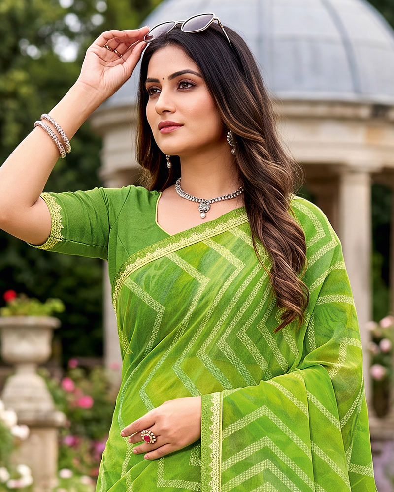 Vishal Prints Avocado Green Printed Georgette Saree With Fancy Border