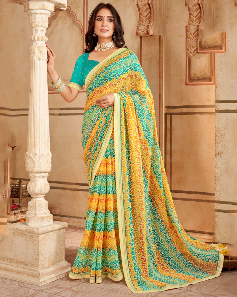 Vishal Prints Teal Blue Printed Georgette Saree With Fancy Border