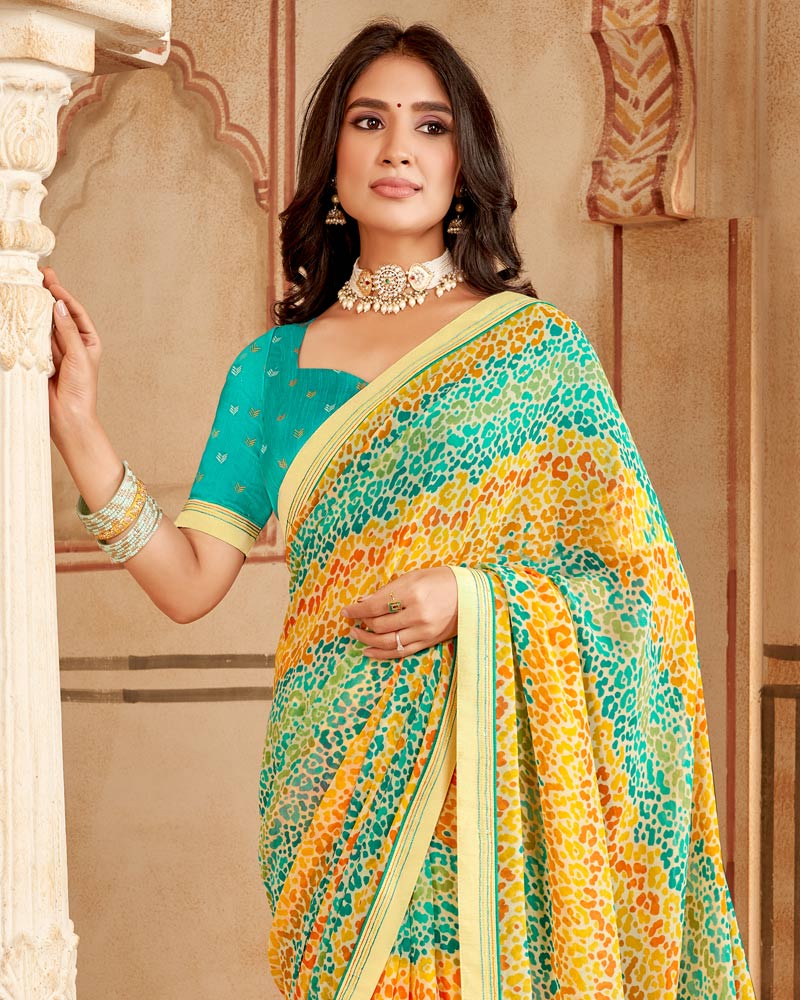 Vishal Prints Teal Blue Printed Georgette Saree With Fancy Border