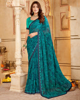 Vishal Prints Dark Teal Blue Printed Georgette Saree With Fancy Border