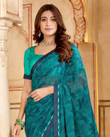 Vishal Prints Dark Teal Blue Printed Georgette Saree With Fancy Border