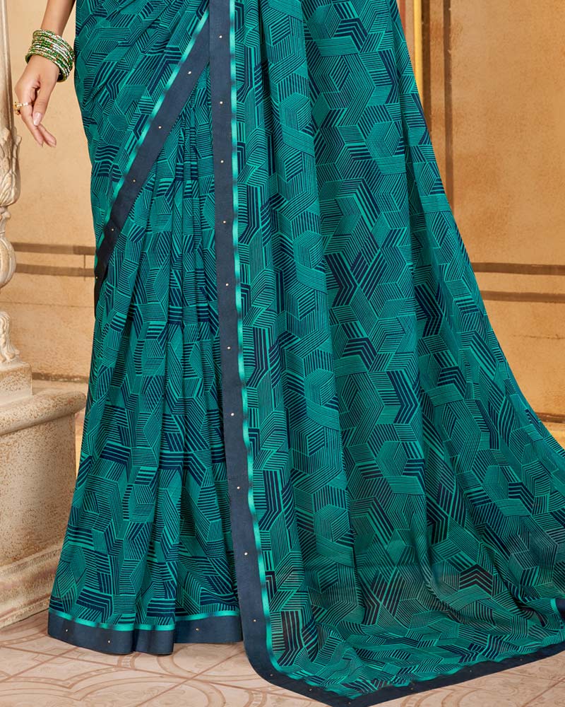 Vishal Prints Dark Teal Blue Printed Georgette Saree With Fancy Border