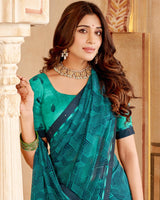 Vishal Prints Dark Teal Blue Printed Georgette Saree With Fancy Border