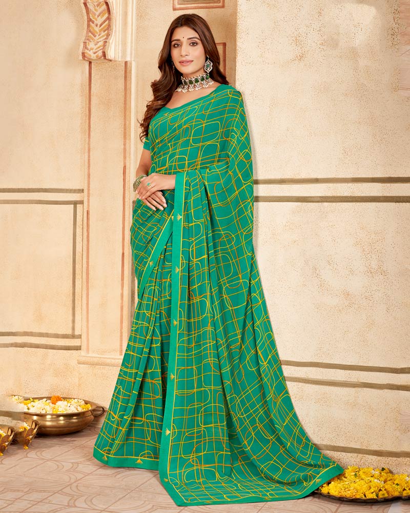 Vishal Prints Dark Teal Green Printed Georgette Saree With Fancy Border