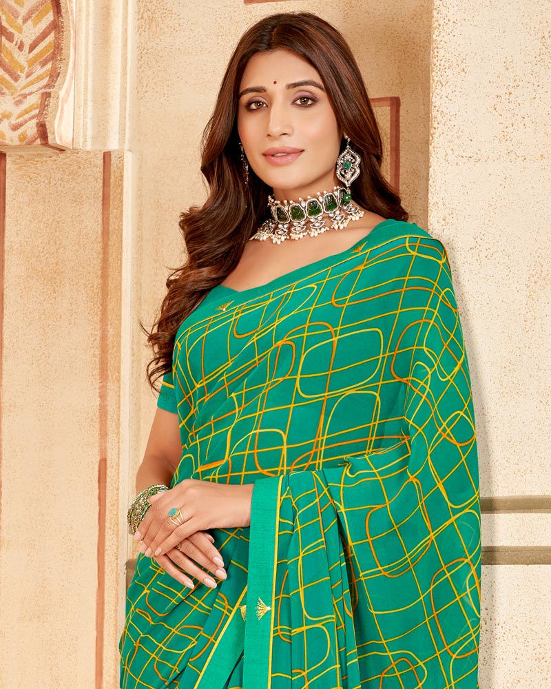 Vishal Prints Dark Teal Green Printed Georgette Saree With Fancy Border