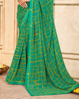 Vishal Prints Dark Teal Green Printed Georgette Saree With Fancy Border