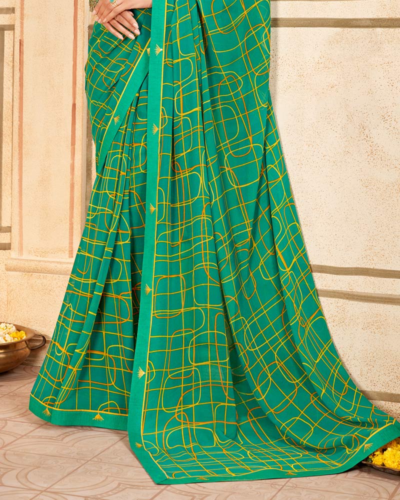 Vishal Prints Dark Teal Green Printed Georgette Saree With Fancy Border
