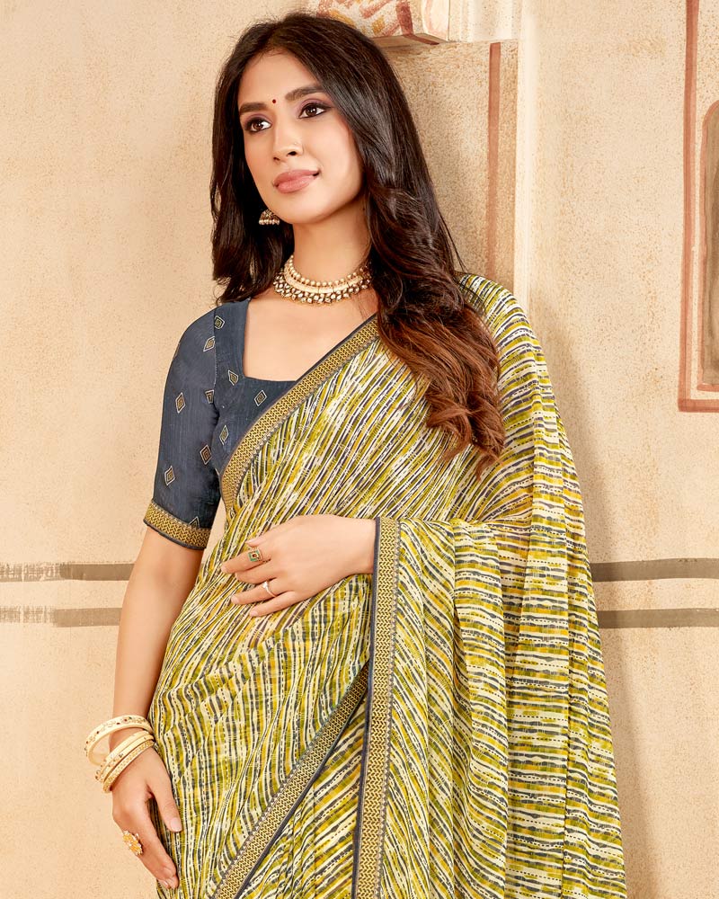 Vishal Prints Olive Green Printed Georgette Saree With Fancy Border